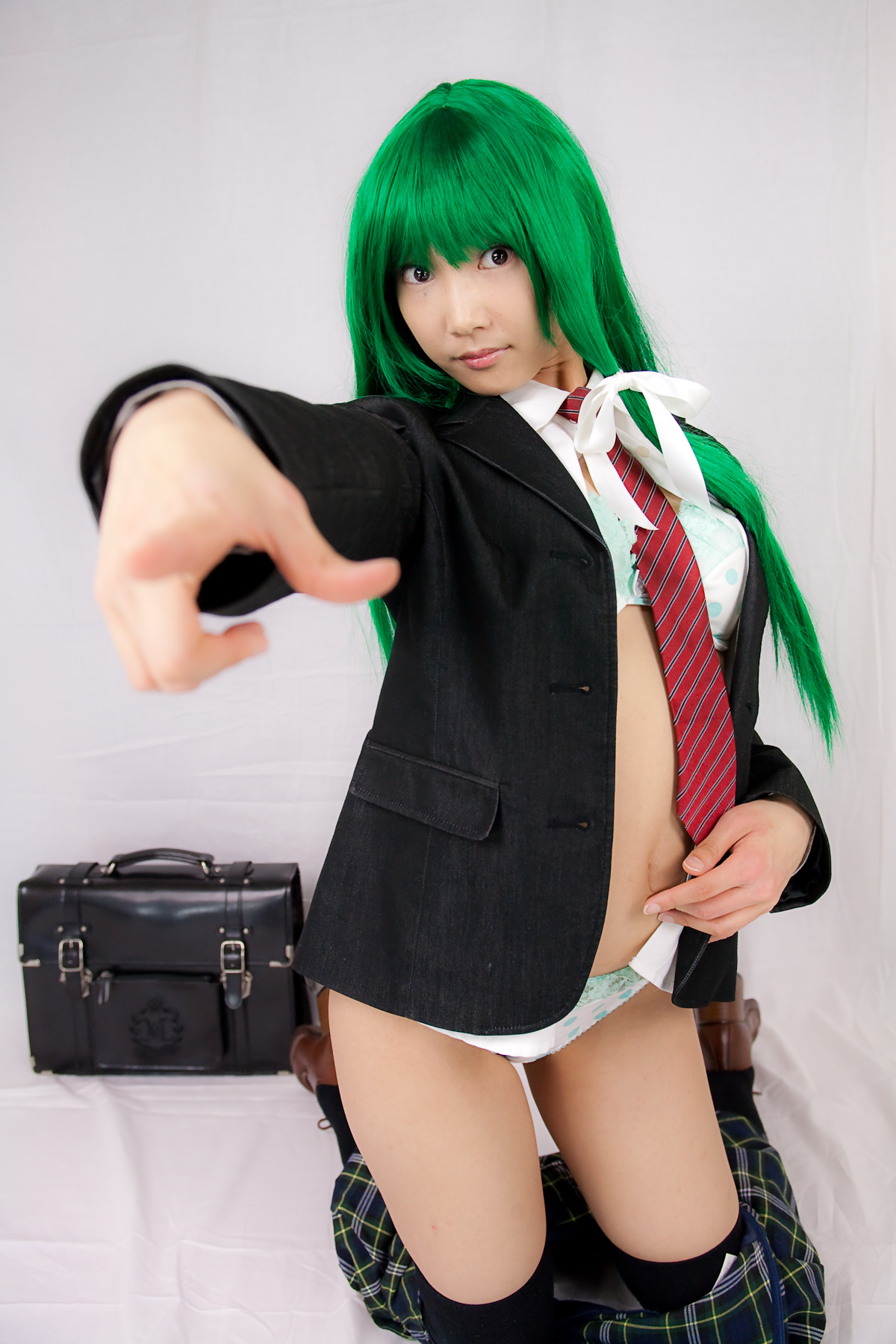 asian breasts cosplay female green_hair lenfried long_hair solo watermark