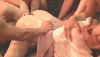 1girl animated asian ass censored female gif head_in_ass head_insertion male multiple_males penetration restrained shaved_head wet