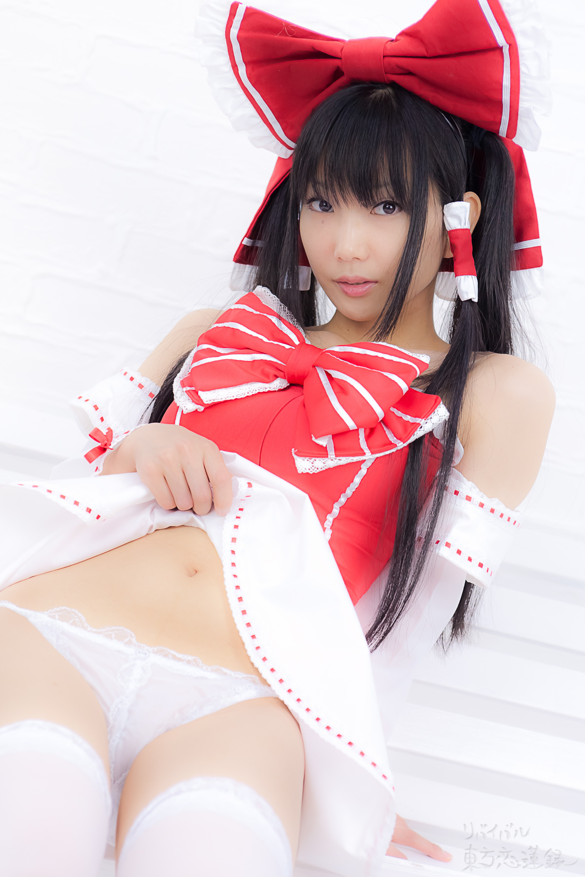 asian black_hair breasts cosplay dress female long_hair panties shoes solo thighhighs