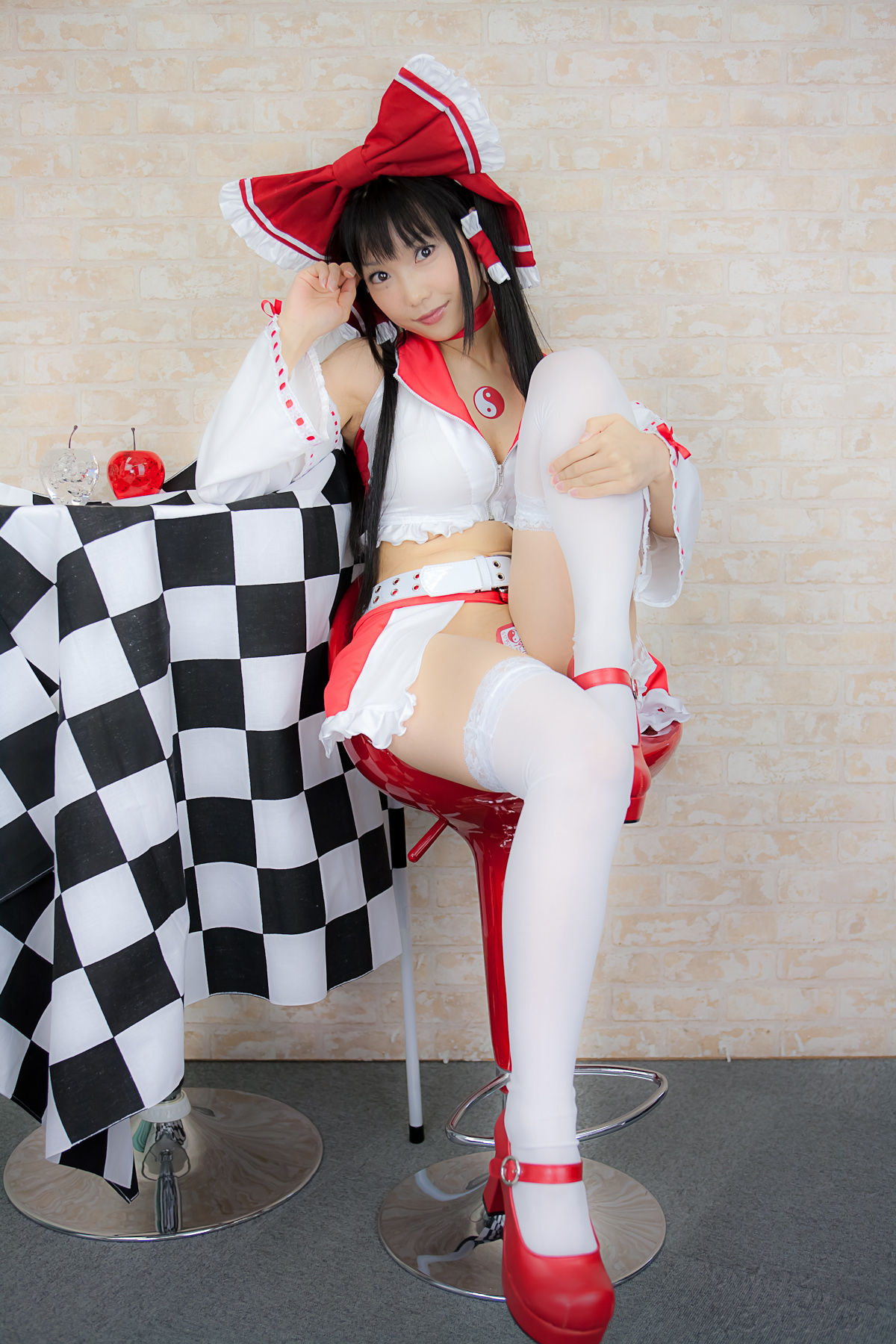 asian belt black_hair breasts cosplay female high_heels long_hair midriff shoes solo thighhighs