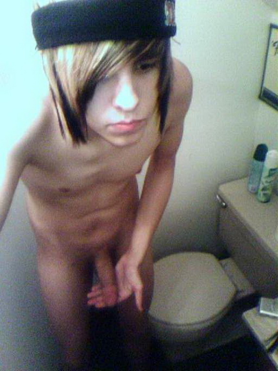 bathroom blonde_hair brown_hair camwhore emo gay grainy_photo male multiple_hair_colors nude penis photo selfpic teen
