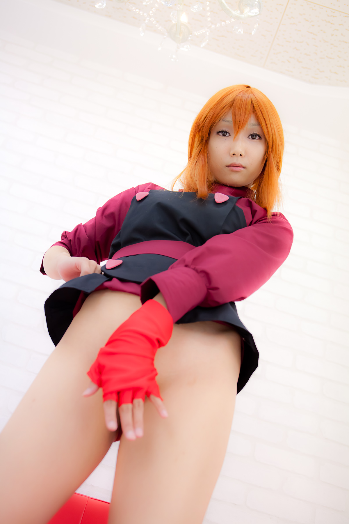 apron asian belt breasts cosplay elpeo_puru female gundam long_hair orange_hair sandals shoes solo