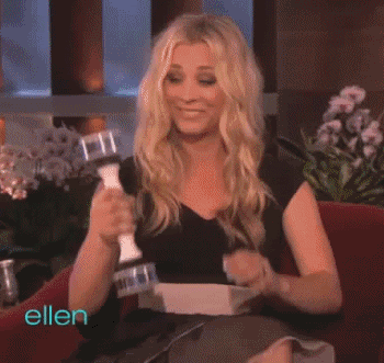 1girl blonde_hair female female_focus female_only fitness gif kaley_cuoco laughing not_porn phallic shake_weight solo solo_female solo_focus suggestive the_ellen_show watermark