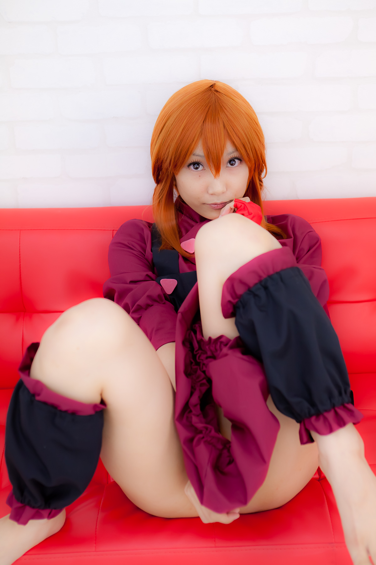 apron asian belt breasts cosplay elpeo_puru female gundam long_hair orange_hair sandals shoes solo