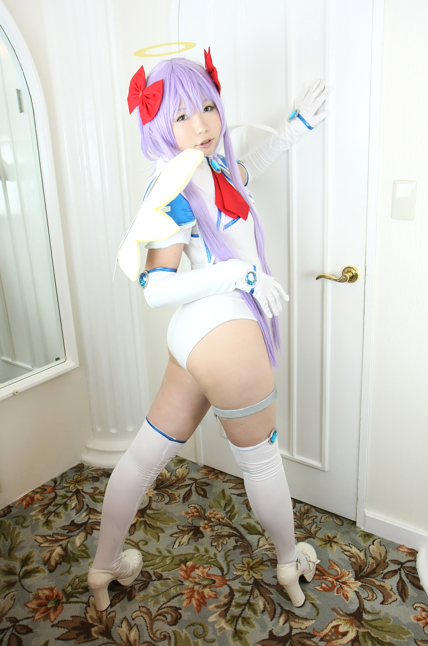 asian breasts cosplay female gloves high_heels leotard long_hair necktie purple_hair shoes solo twintails wings