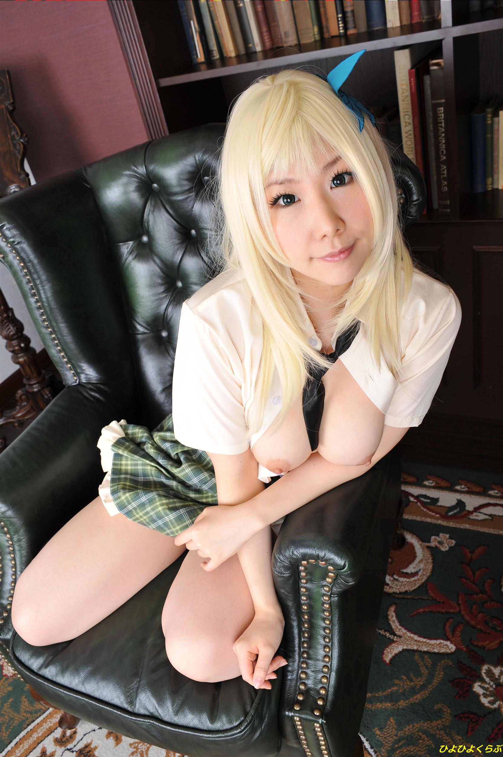 asian blonde_hair breasts cosplay female high_heels long_hair necktie shoes socks solo