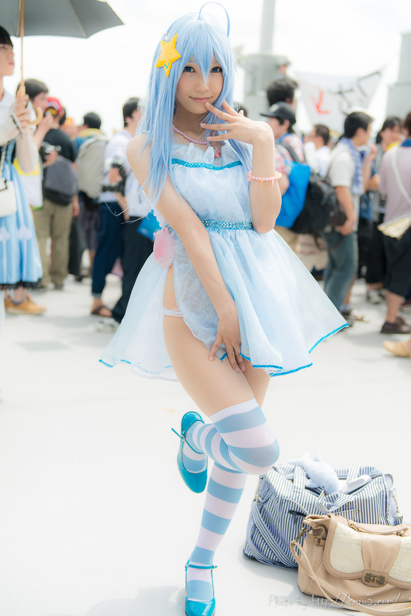 aqua_hair asian breasts cosplay long_hair outside shoes socks