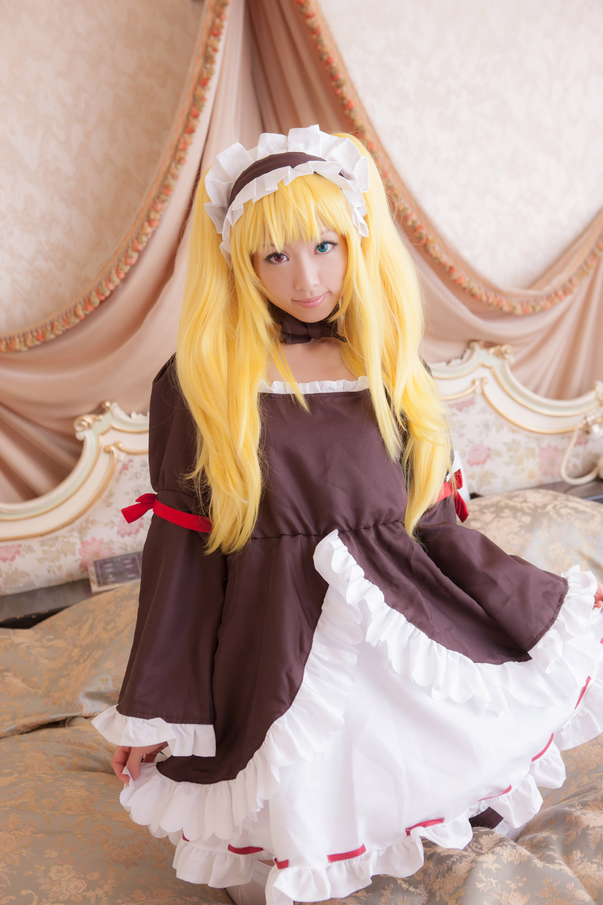 asian blonde_hair breasts cosplay dress female high_heels large_breasts long_hair shoes solo thighhighs twintails