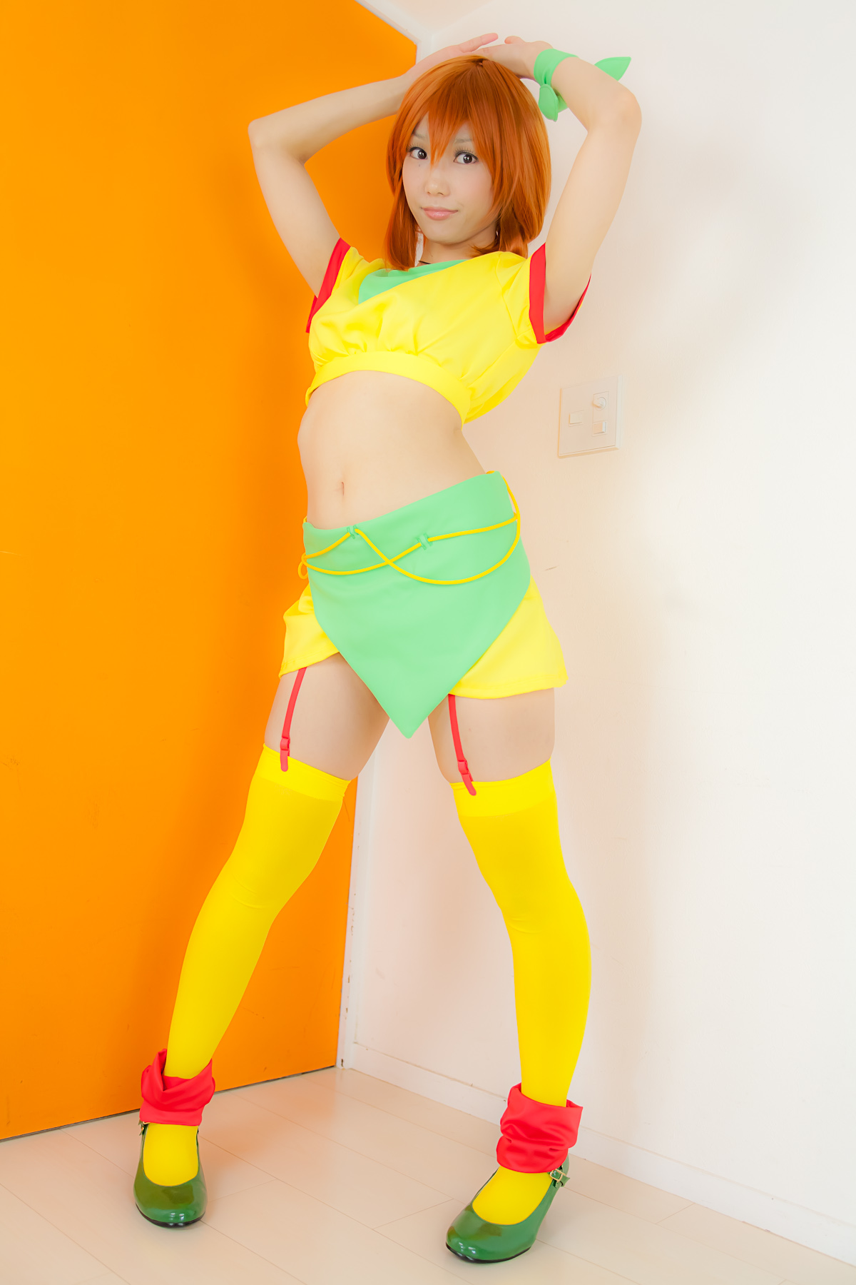 asian breasts cosplay female garter_belt long_hair midriff necklace orange_hair panties skirt solo thighhighs