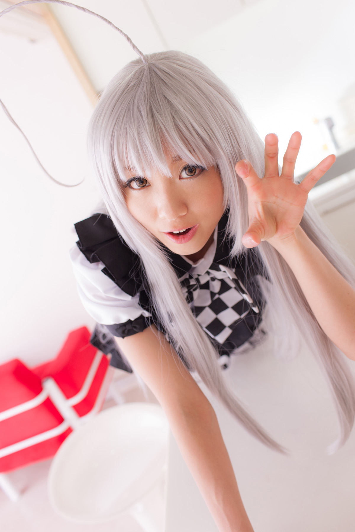 apron asian breasts cosplay female grey_hair high_heels long_hair panties shoes skirt solo thighhighs