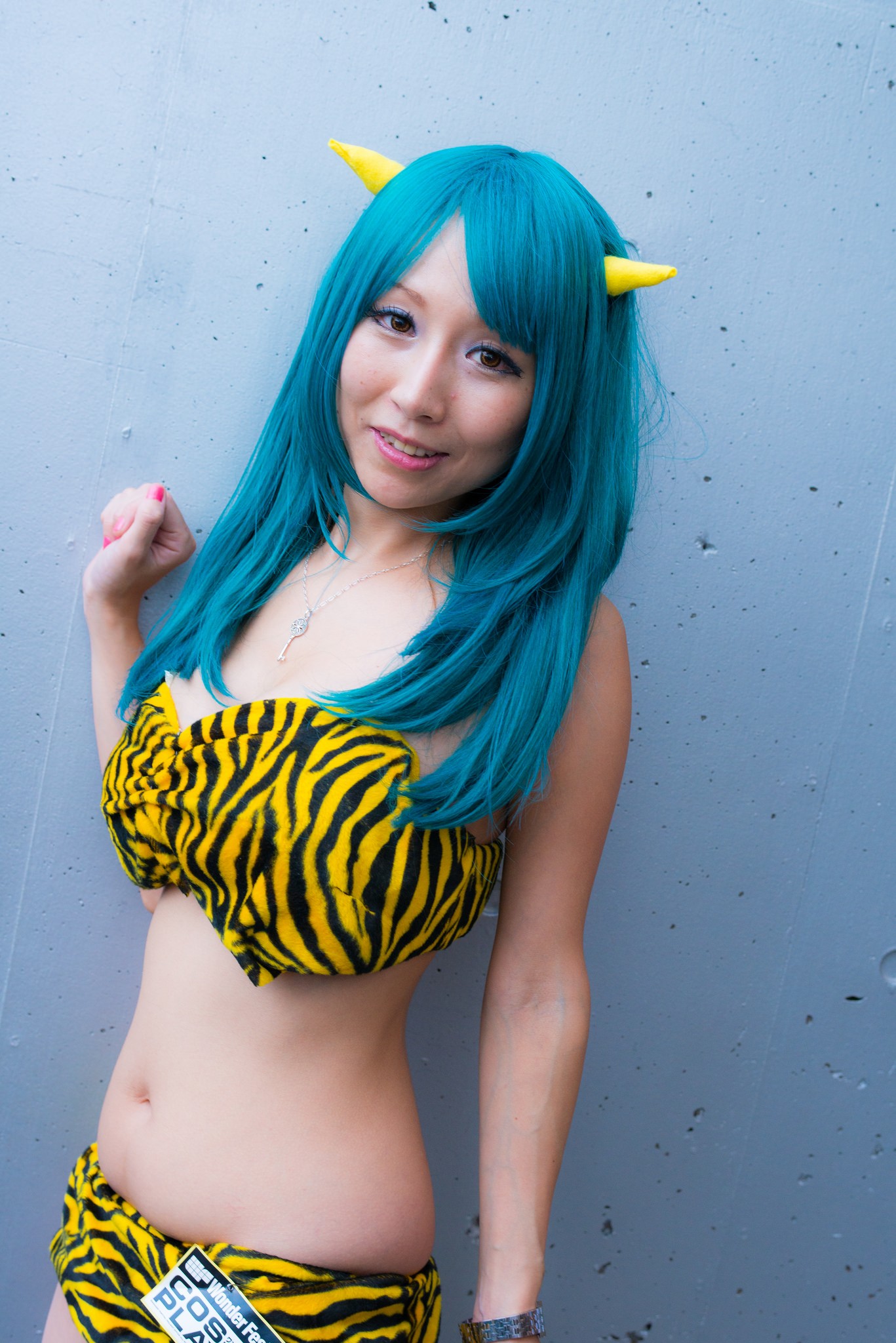 asian blue_hair bra breasts cosplay female horns long_hair lum midriff navel panties simple_background solo urusei_yatsura