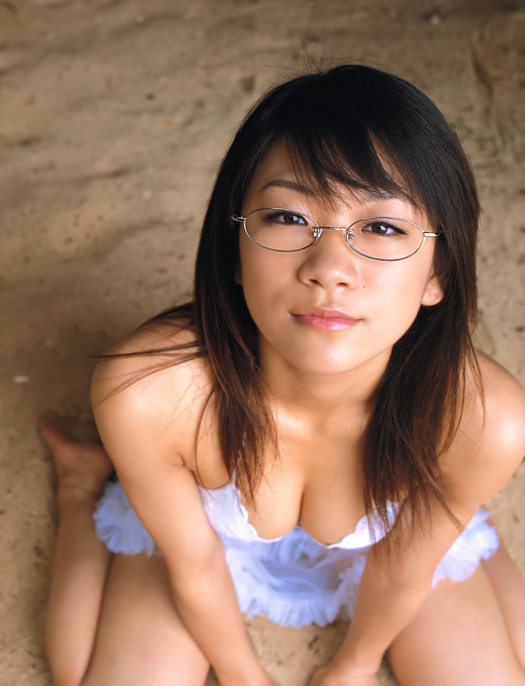 asian bare_shoulders breasts brown_eyes brown_hair cleavage cute glasses lace long_hair looking_up non_nude smile tokito_ami