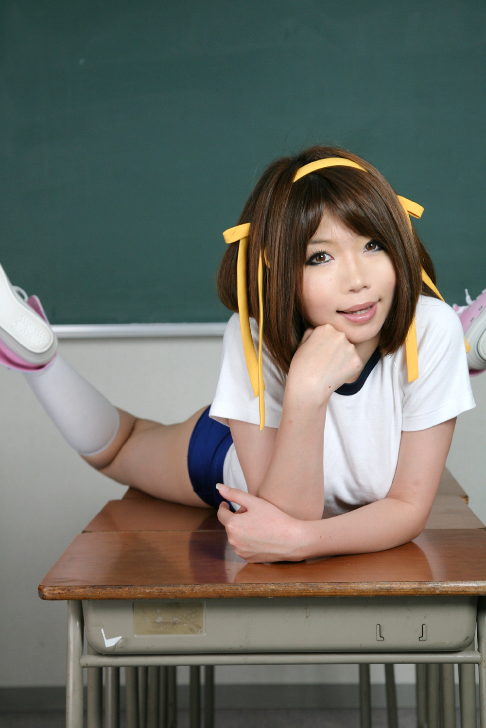 asian breasts brown_hair cosplay desk female hairband school shoes short_hair socks solo
