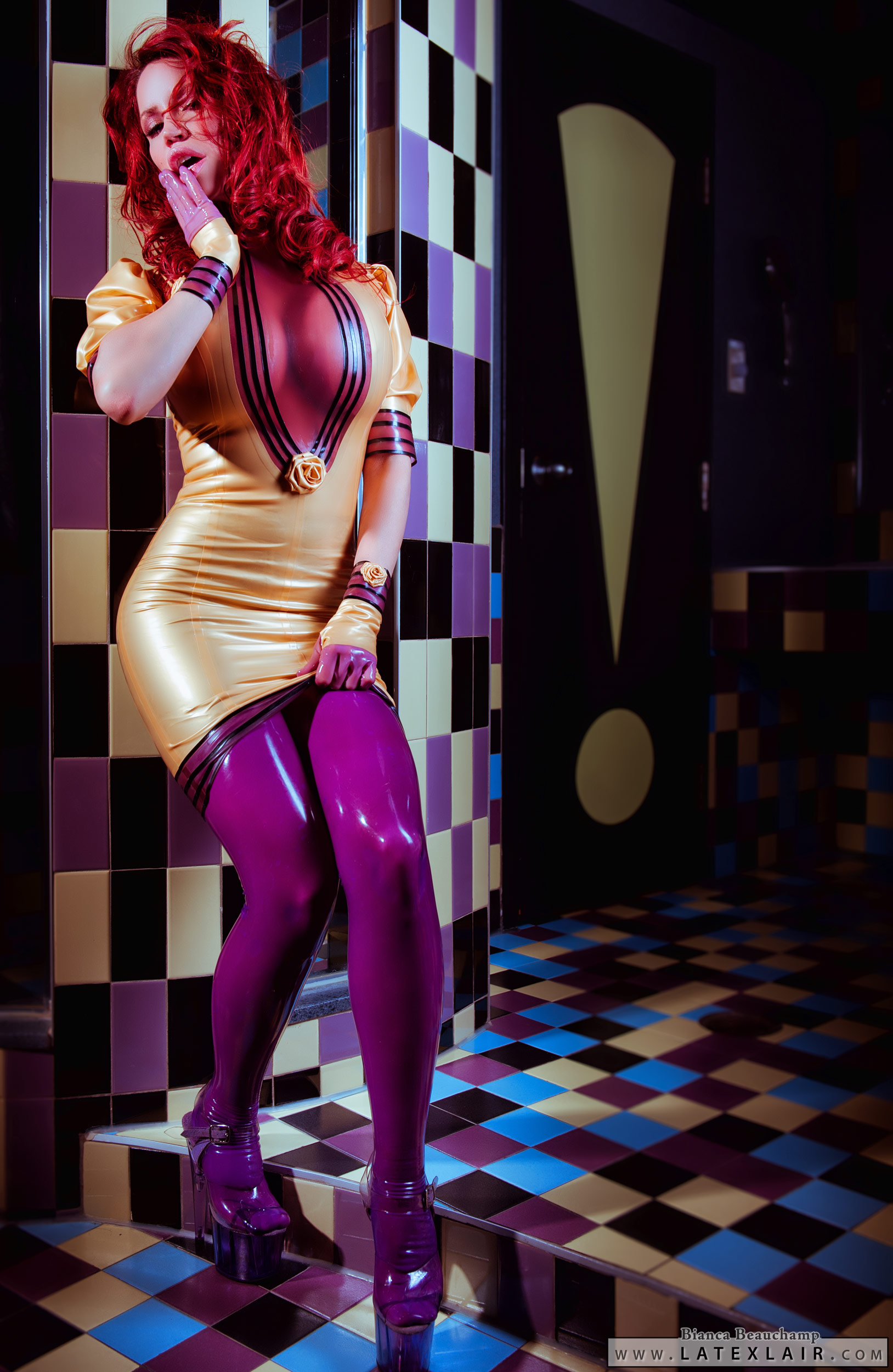 bianca_beauchamp breasts dress female gloves high_heels large_breasts latex lipstick makeup shoes solo watermark