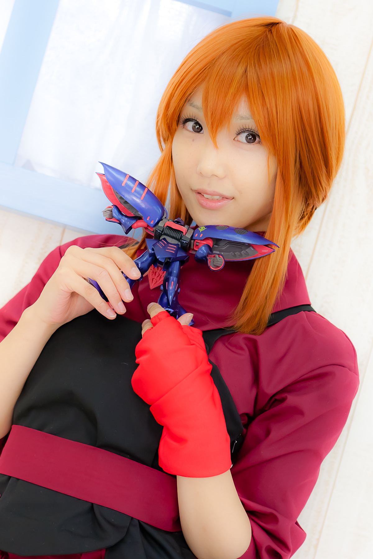 apron asian belt breasts cosplay female long_hair orange_hair sandals shoes solo