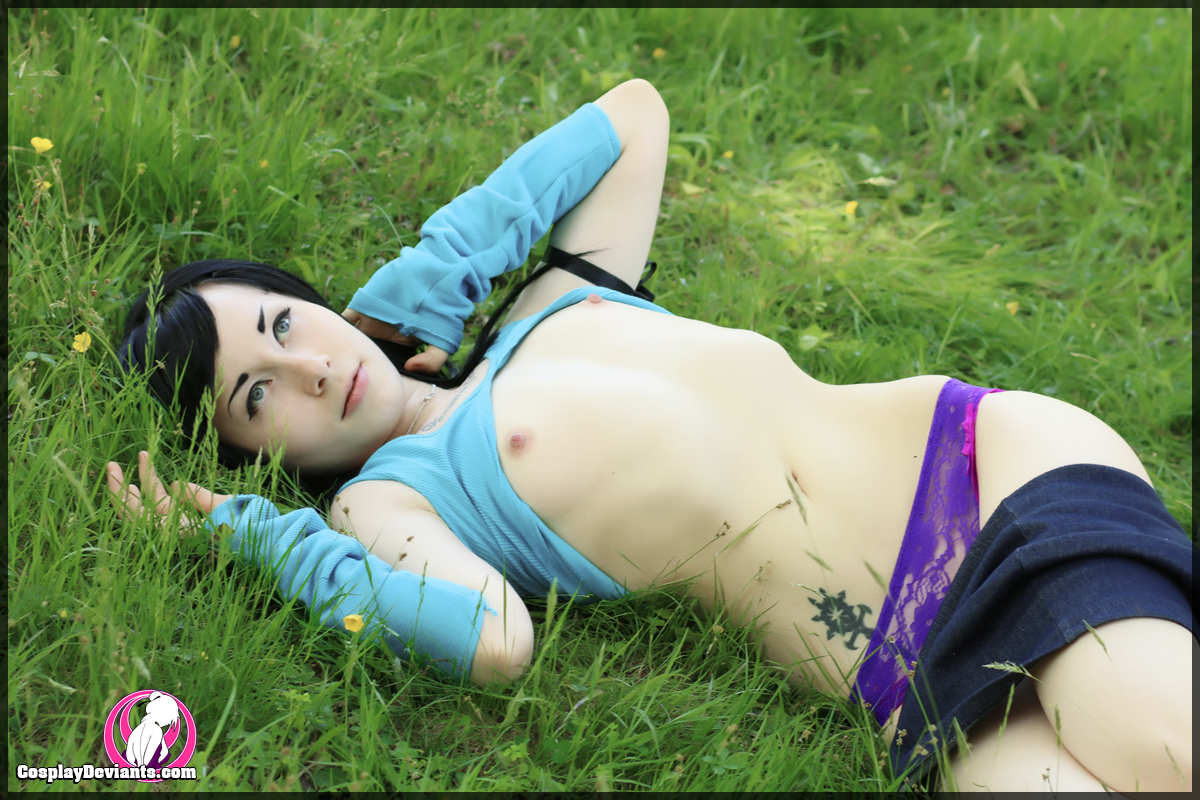 black_hair breasts cosplay female grass long_hair outside porphyria solo tattoo watermark