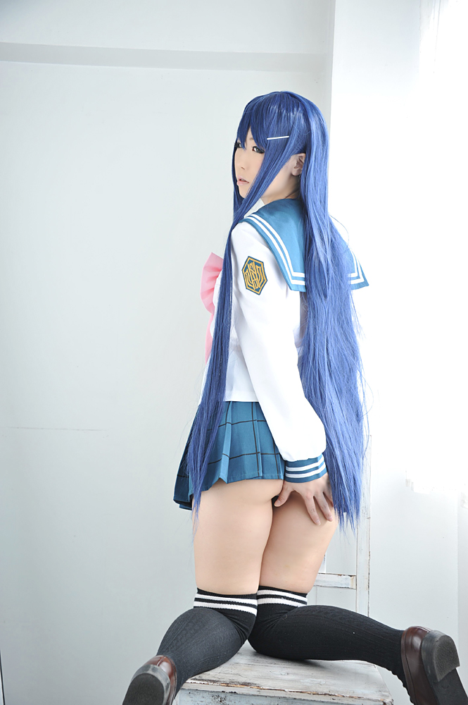asian blue_hair breasts cosplay danganronpa female long_hair sayaka_maizono skirt solo thighhighs