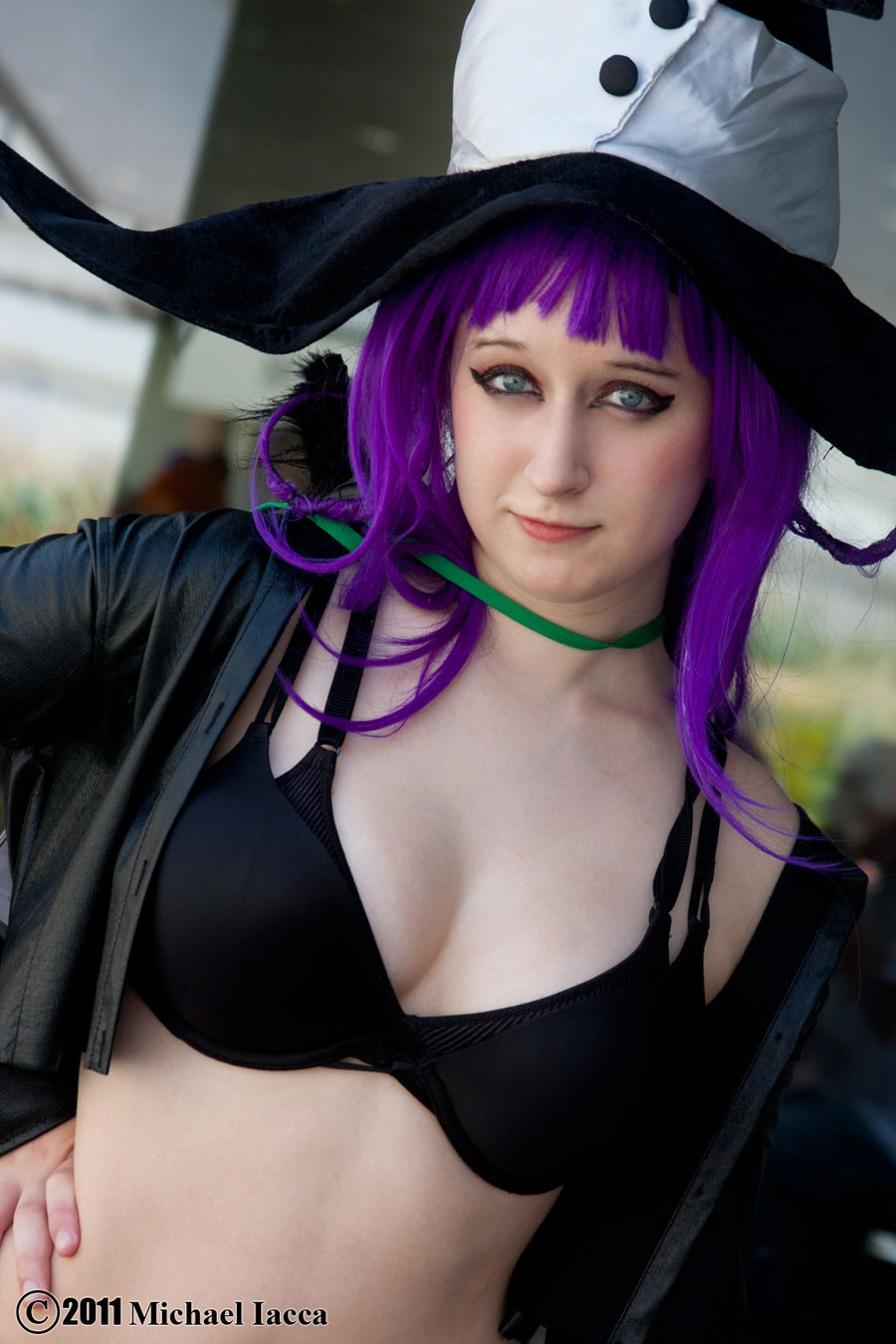 black_bra blue_eyes breasts cosplay female hat long_hair purple_hair solo witch