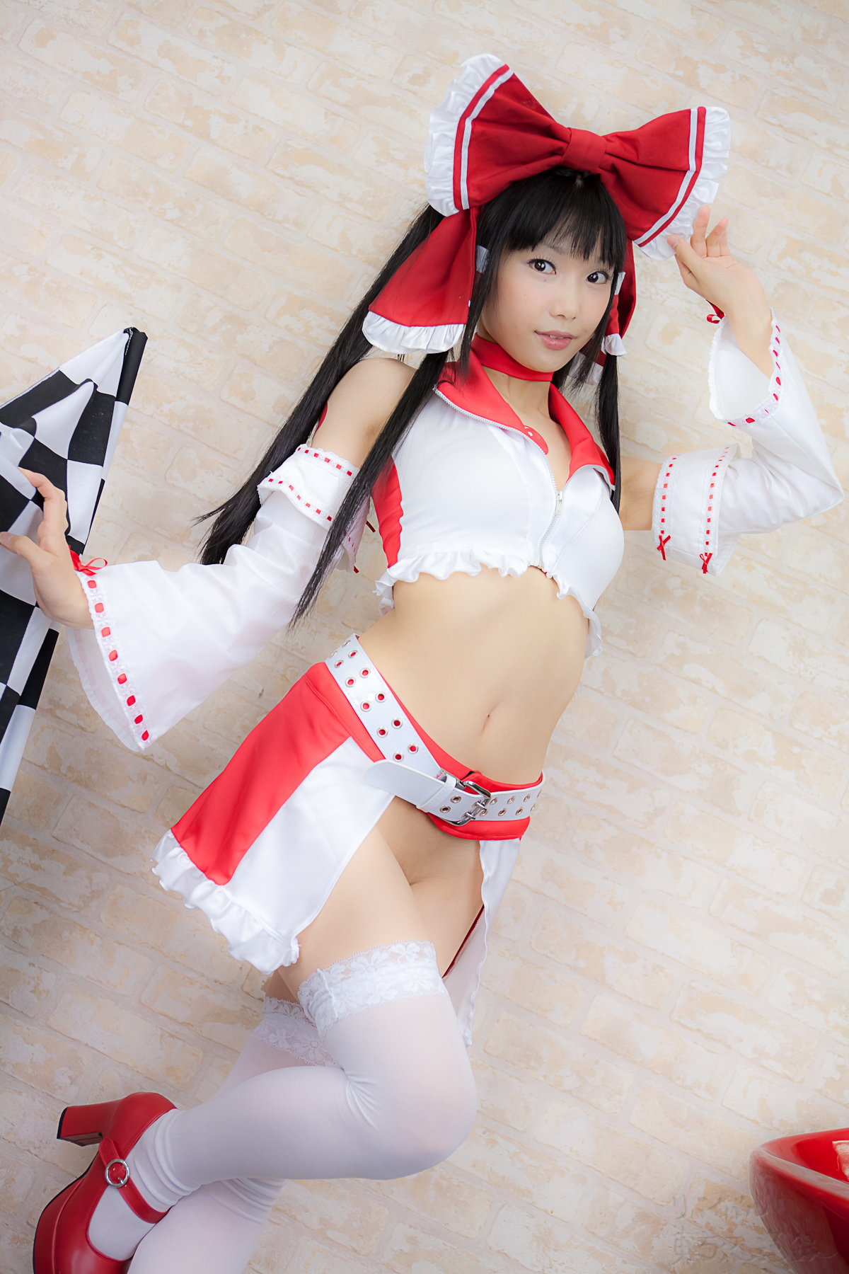 asian belt black_hair breasts cosplay female high_heels long_hair midriff shoes solo thighhighs