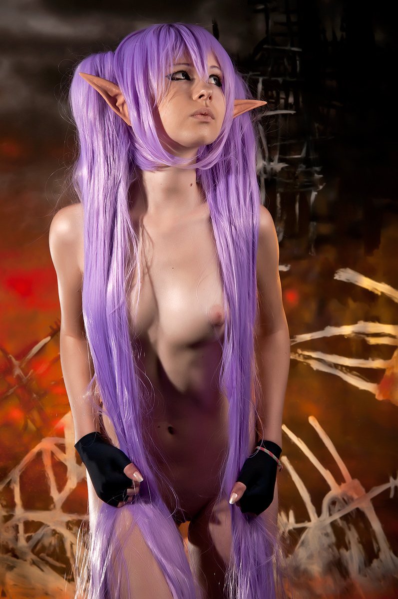 asian breasts female gloves long_hair nude pigtails pointy_ears purple_hair solo very_long_hair