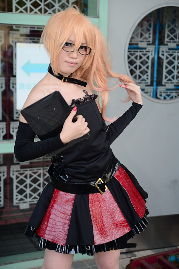 asian bare_shoulders belt blonde_hair boots breasts cosplay female glasses high_heels long_hair skirt solo