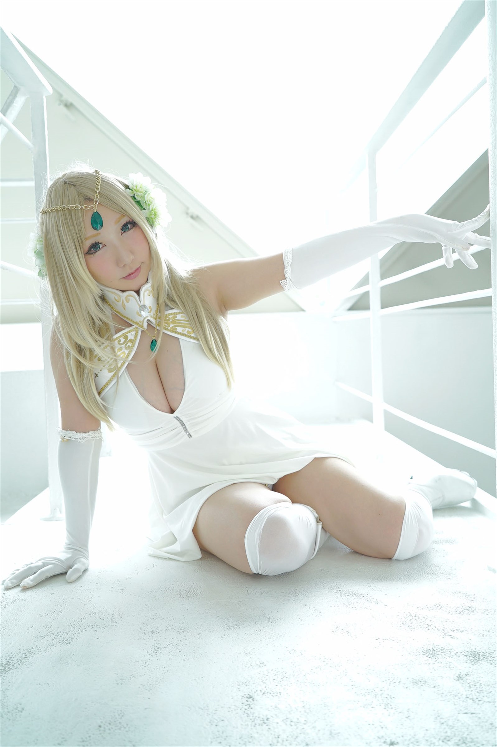asian blonde_hair breasts clothed clothed_female cosplay female long_hair shooting_star solo