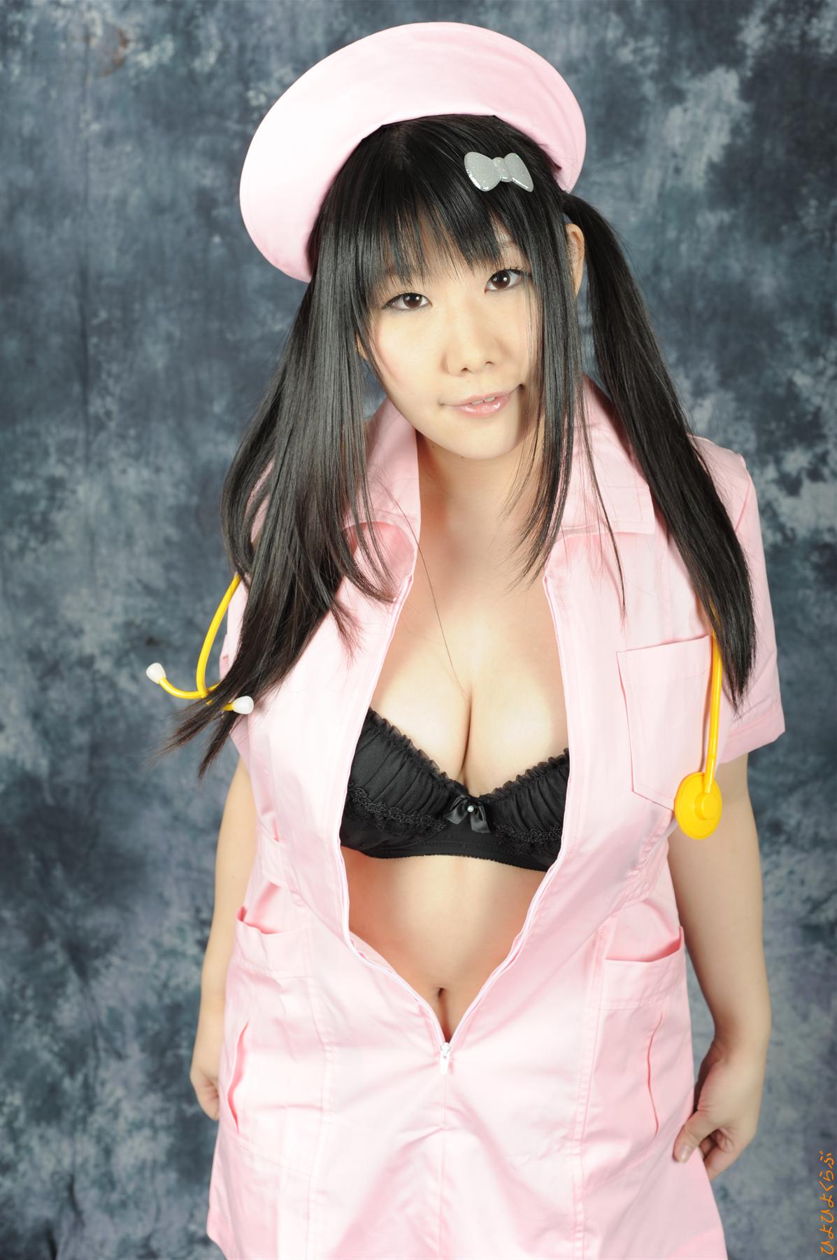 asian black_hair breasts cosplay female long_hair nurse pigtails solo thighhighs