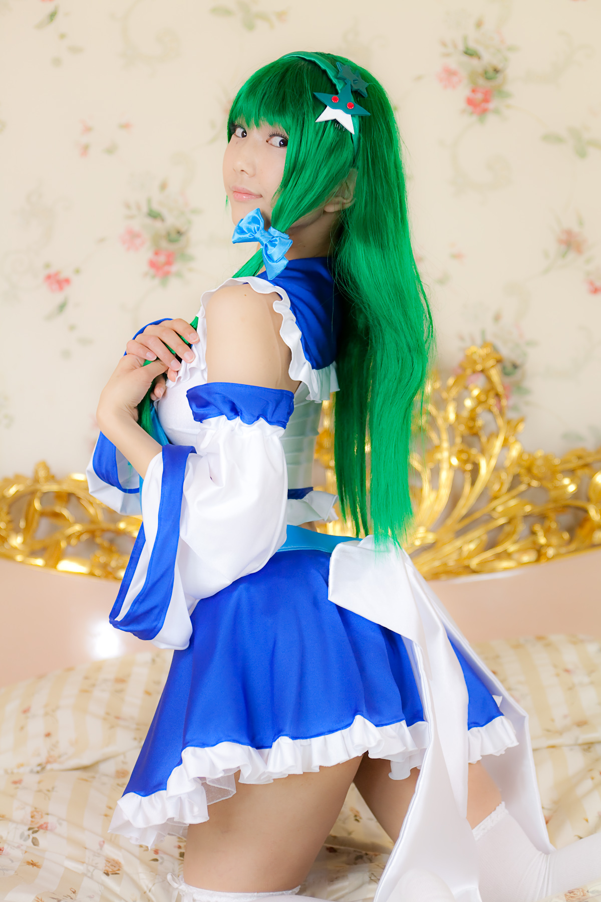 asian breasts cosplay female green_hair lenfried long_hair solo touhou watermark