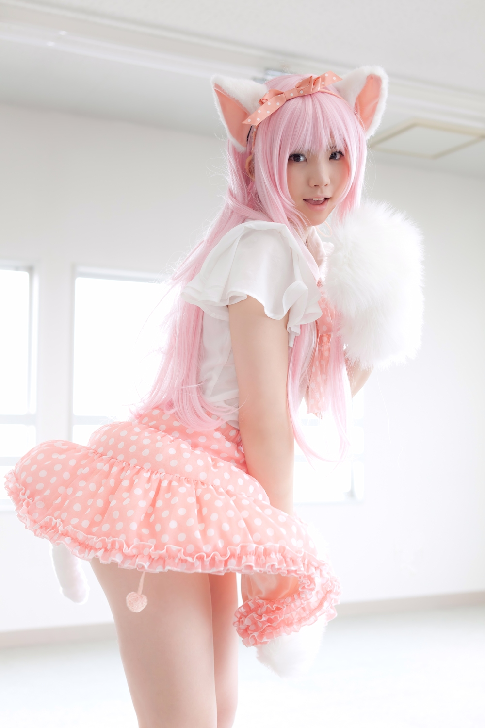 animal_ears asian ass breasts cosplay enako female long_hair looking_back pink_hair solo