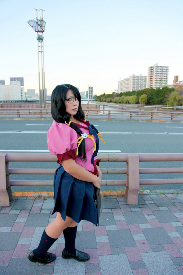 asian black_hair breasts chouzuki_maryou cosplay female glasses huge_breasts long_hair outside shoes skirt socks solo