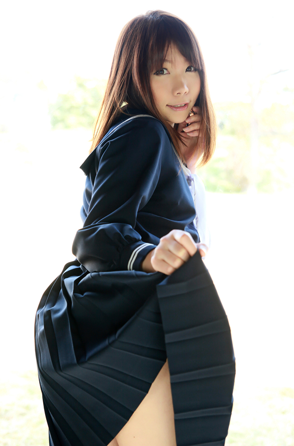 asian breasts brown_hair cosplay female long_hair skirt socks solo