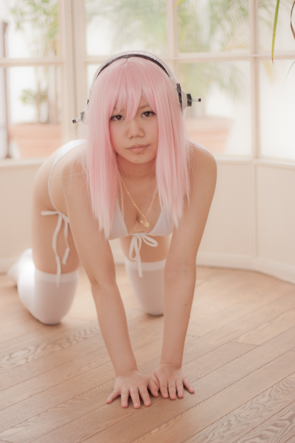 asian bikini breasts cosplay female headphones long_hair pink_hair solo