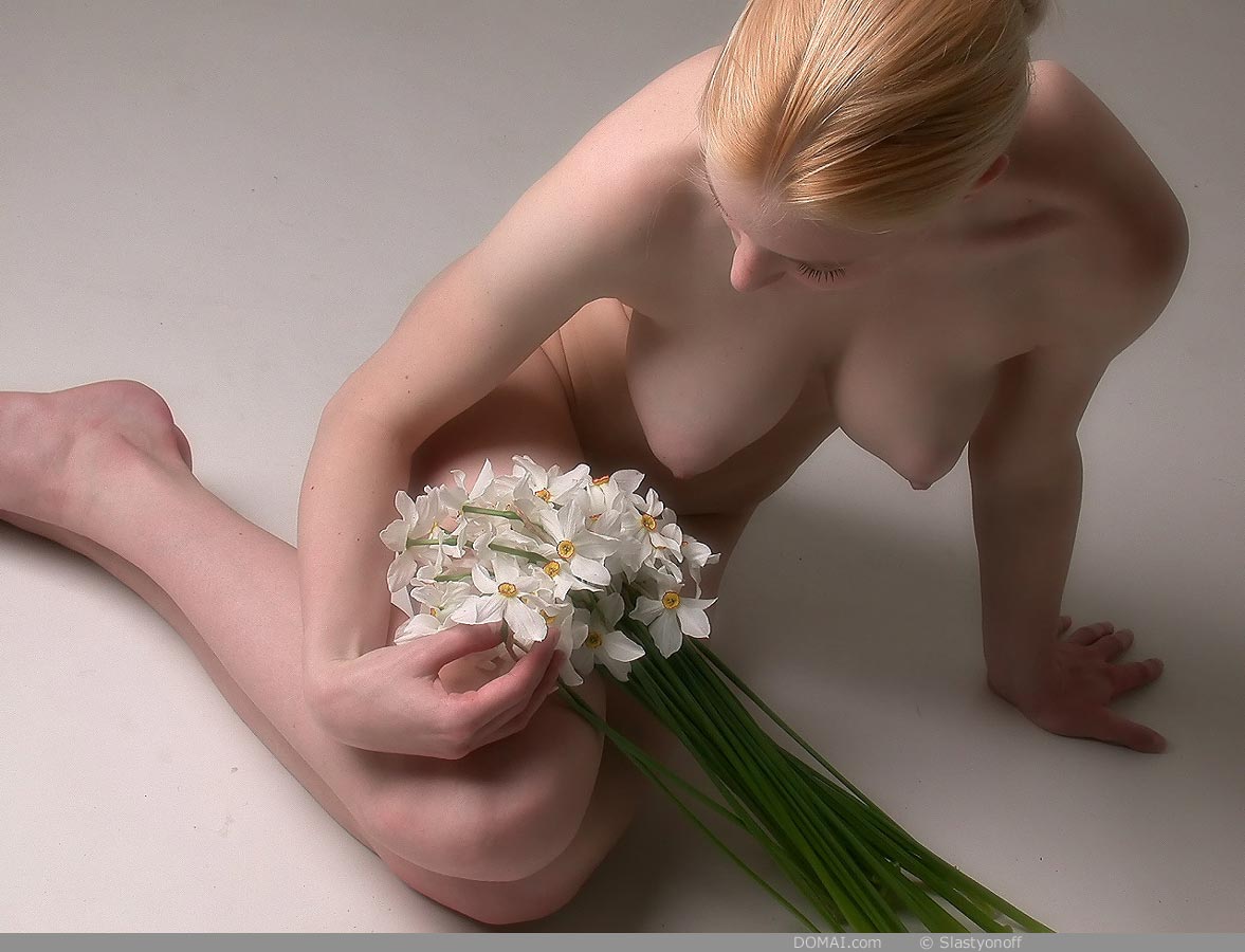 blonde_hair domai flowers long_hair nude perspective sitting slender