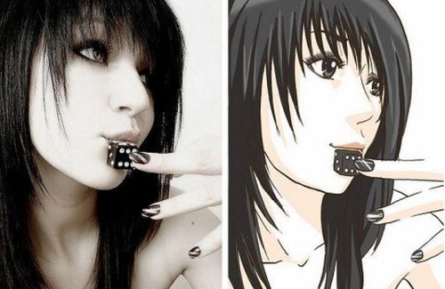1girl anime black_hair compare dice human photo
