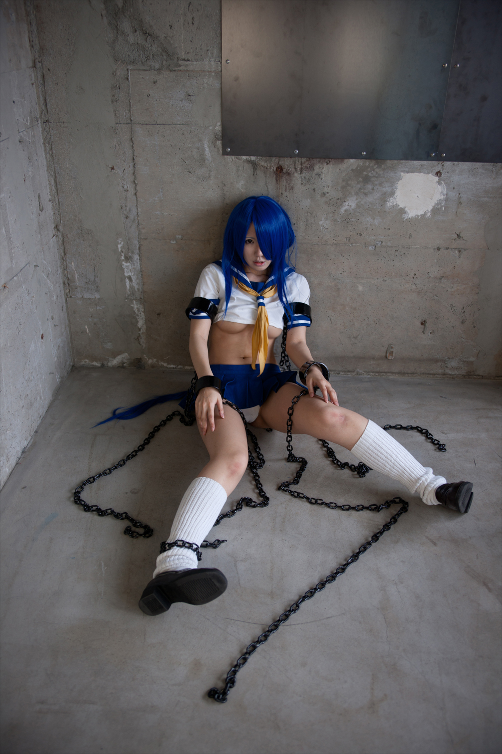 asian blue_hair breasts chains cosplay female long_hair midriff navel necktie shoes skirt socks solo underboob