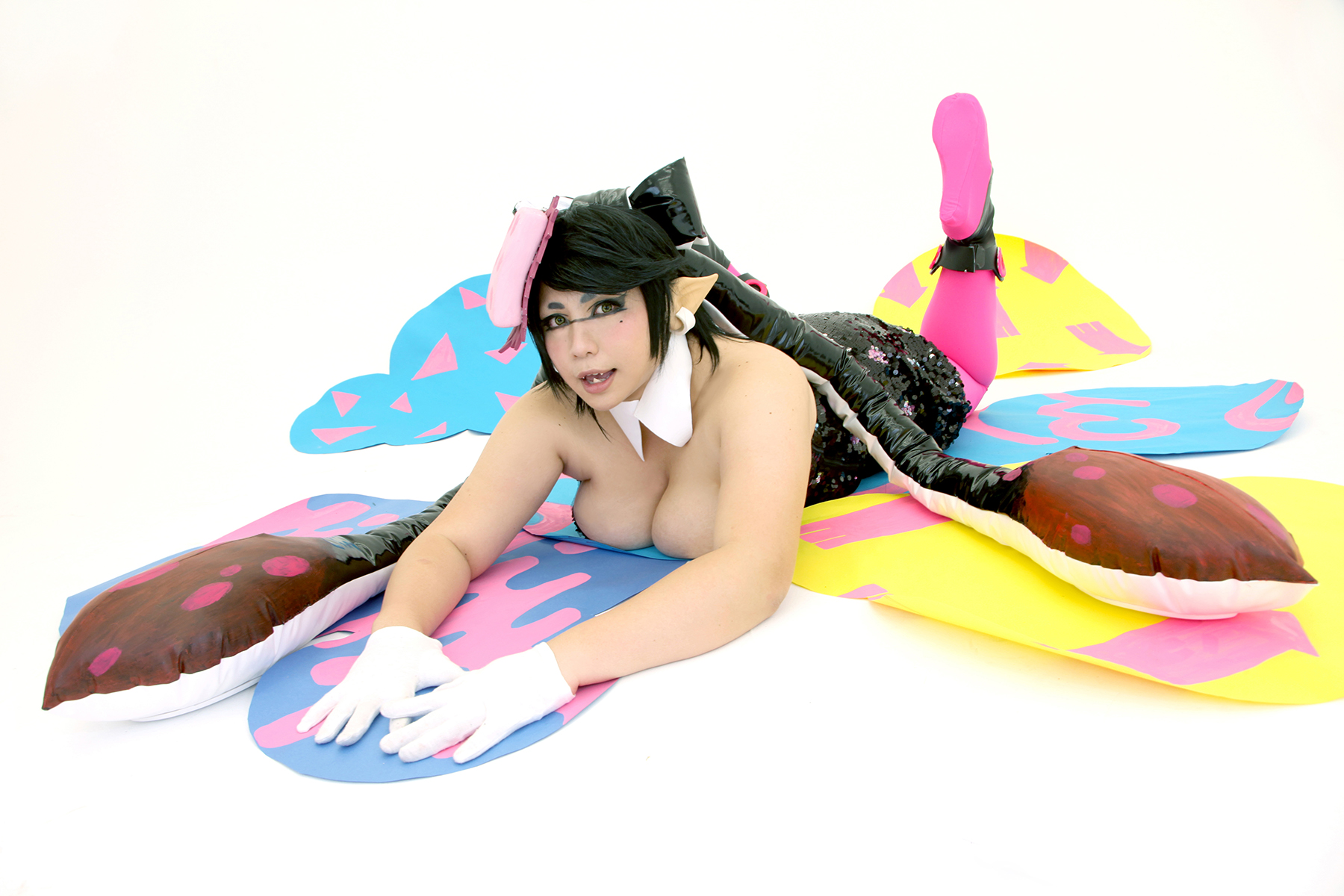 asian black_hair breasts chouzuki_maryou cosplay female gloves huge_breasts long_hair plump shoes solo