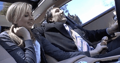 animated blonde_hair brown_hair car clothed clothed_sex clothing driving female gif handjob male necktie penis penis_out straight suit