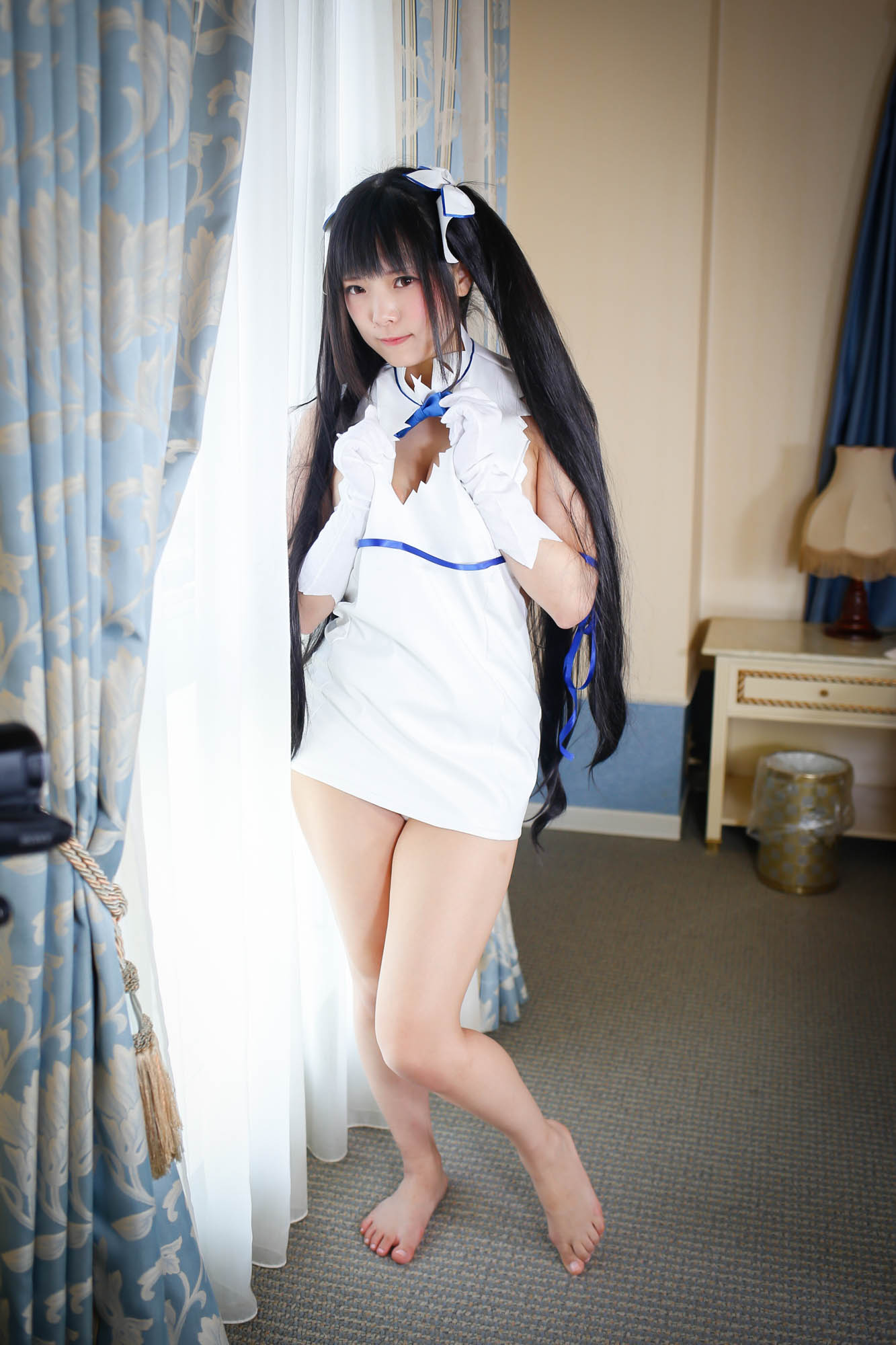 asian black_hair breasts cosplay female long_hair pigtails solo