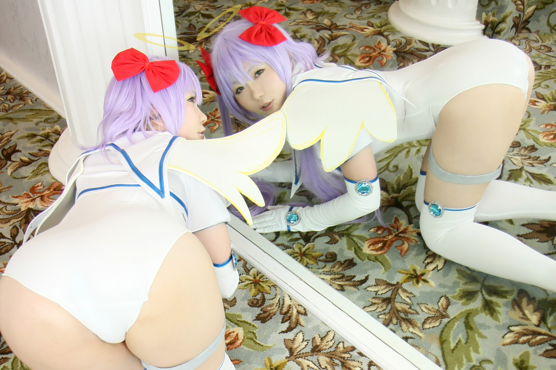 all_fours asian ass bent_over breasts cosplay female gloves high_heels leotard long_hair looking_back mirror necktie purple_hair shoes solo twintails wings