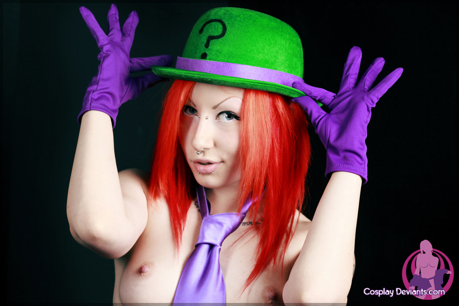 breasts cosplay female hat long_hair porphyria red_hair simple_background solo watermark