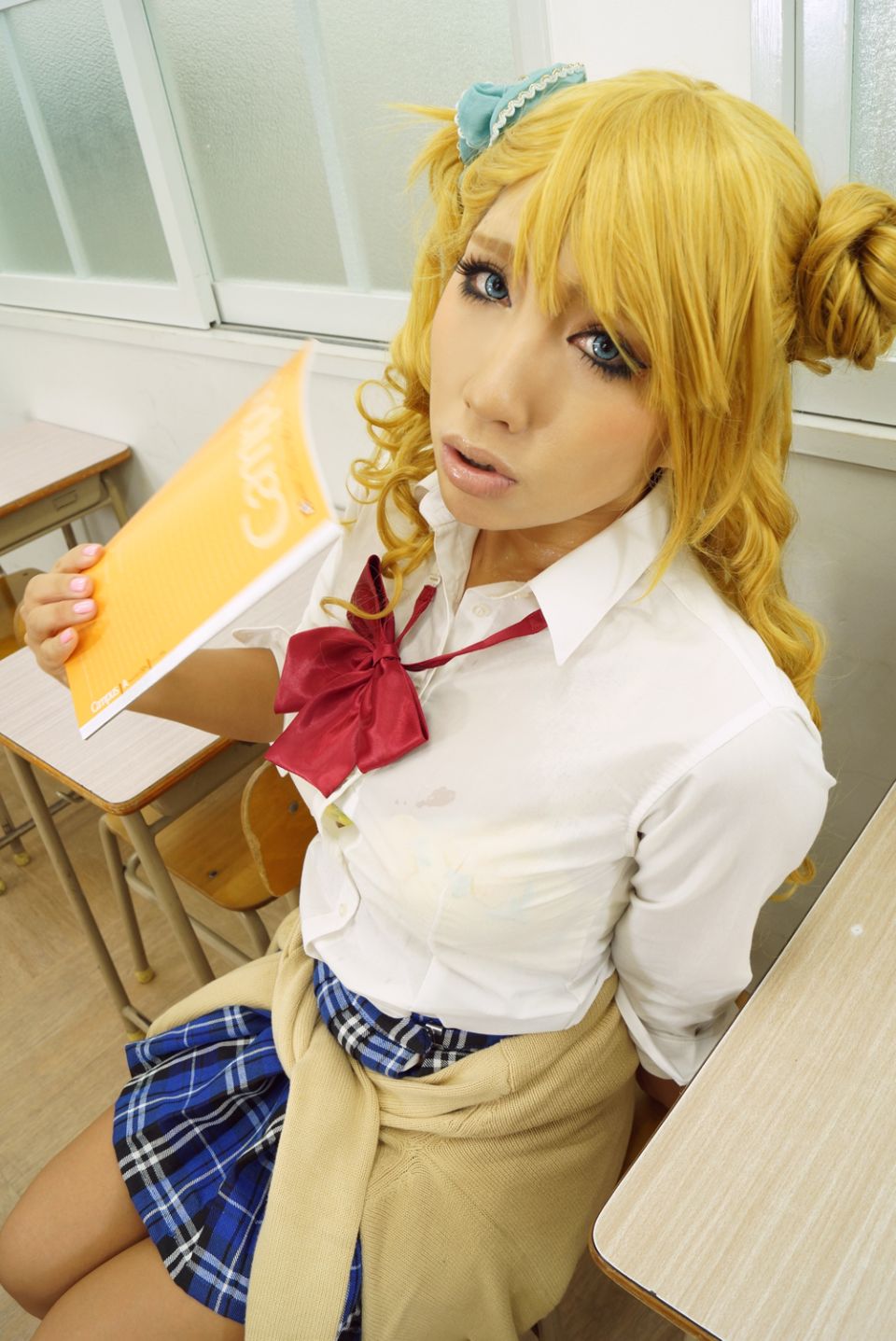 asian blonde_hair breasts female japanese long_hair nonsummerjack school school_uniform schoolgirl seifuku skirt solo