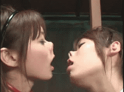animated asian brown_hair cum female gif kiss lesbians long_hair nose_hook open_mouth saliva tongue
