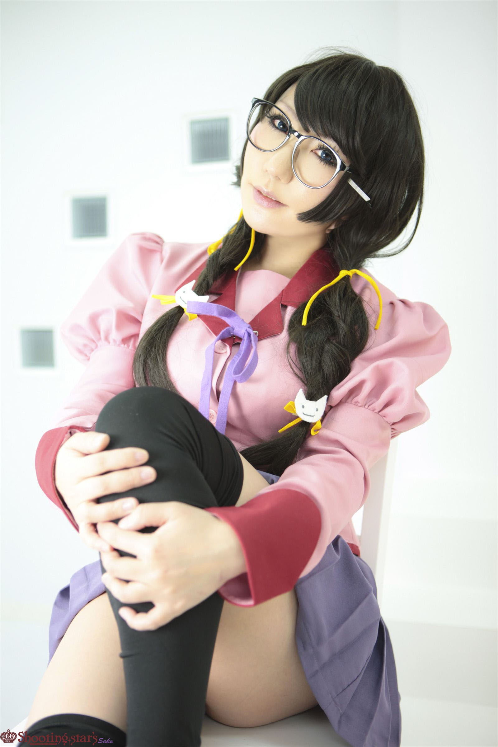 asian black_hair breasts cosplay female glasses high_heels kneehighs long_hair shoes shooting_star skirt solo watermark