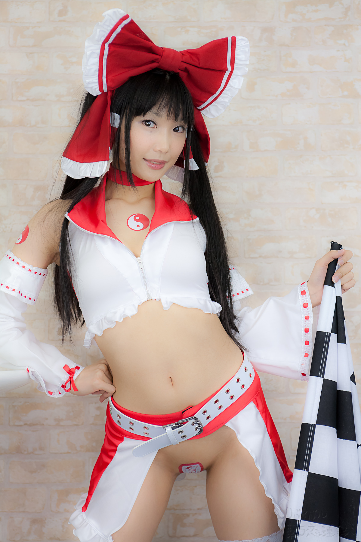 asian belt black_hair breasts cosplay female high_heels long_hair midriff shoes solo thighhighs