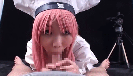 animated asian camera censored cosplay fellatio gif hat long_hair penis pink_hair