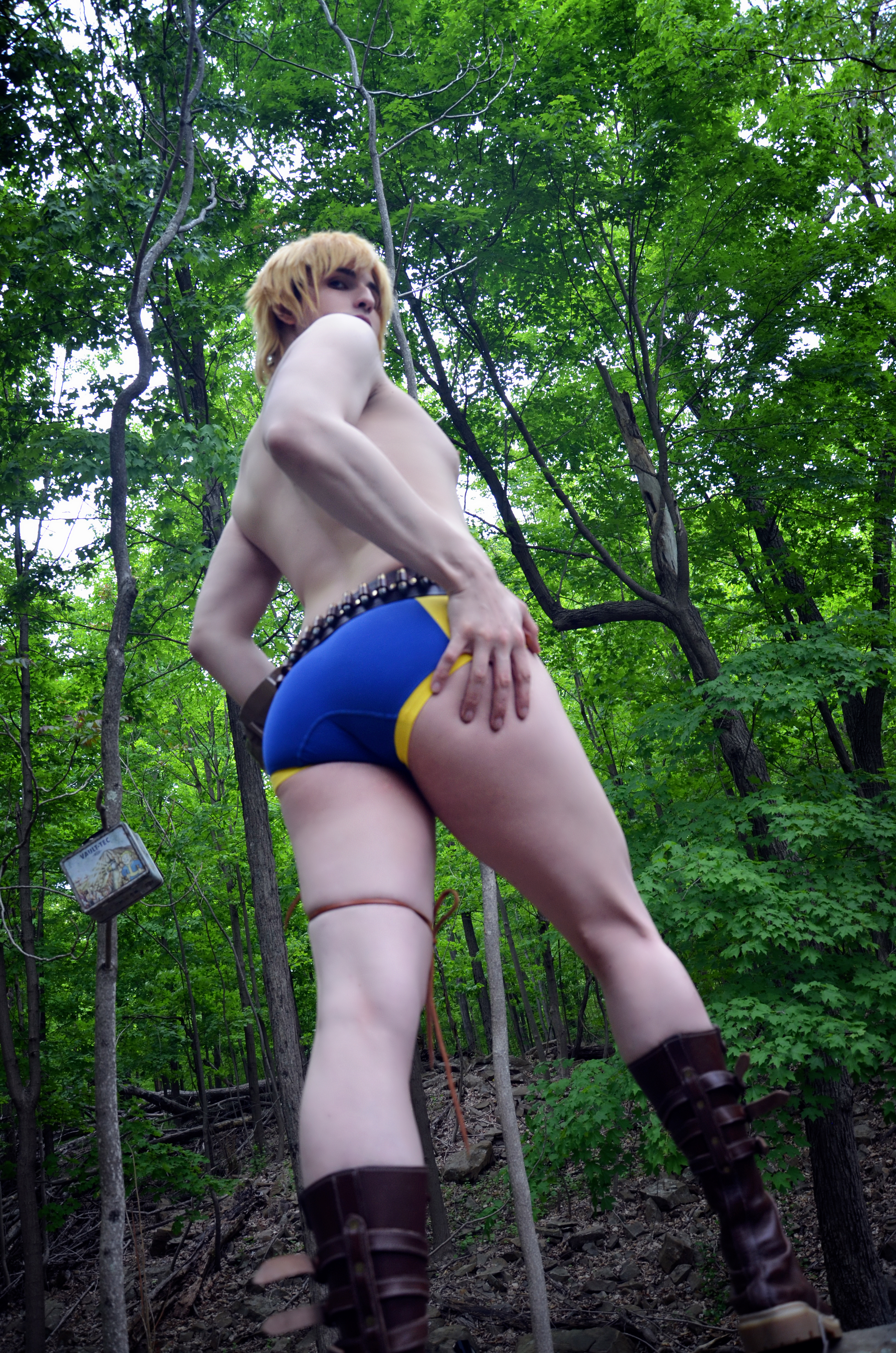 1boy ass beige_skin billy_booze blonde_hair boots color cosplay fallout femboy forest from_behind girly looking_back male male_only open_eyes outdoors pornstarlucifer sniper solo topless trees twink underwear