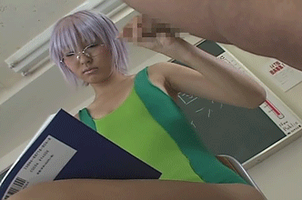 animated asian book breasts censored clothed_female_nude_male cosplay gif glasses handjob long_hair penis purple_hair