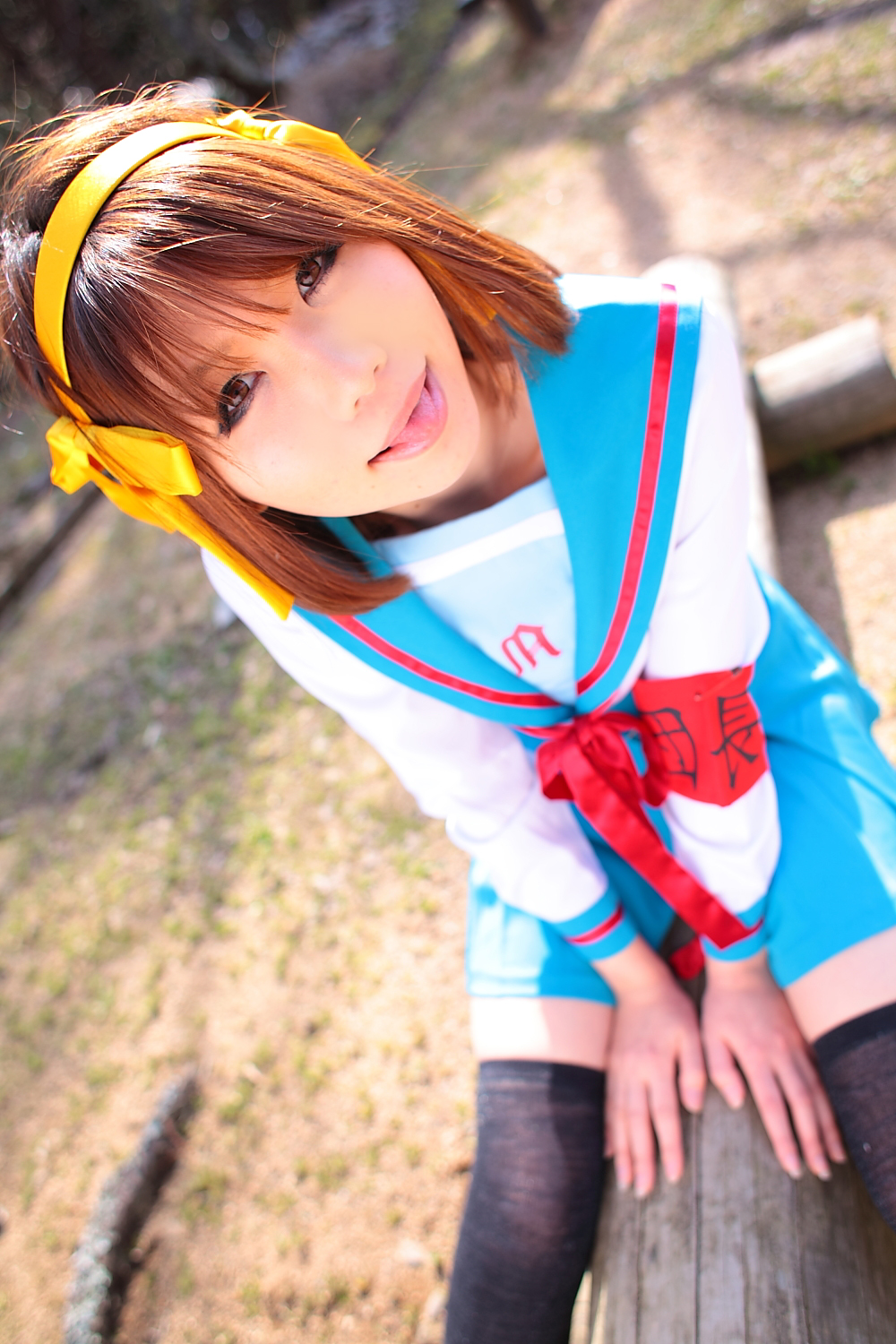 asian breasts brown_hair cosplay female hairband shoes short_hair skirt solo thighhighs