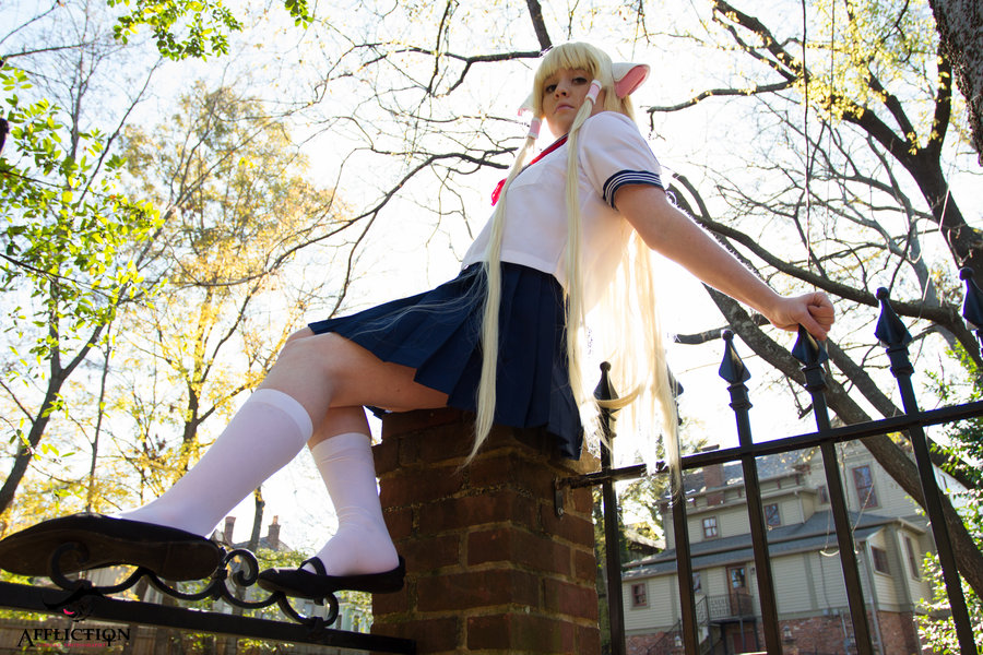 1girl blonde_hair chii chobits cosplay female foxycosplay from_below long_hair school_uniform skirt solo tagme