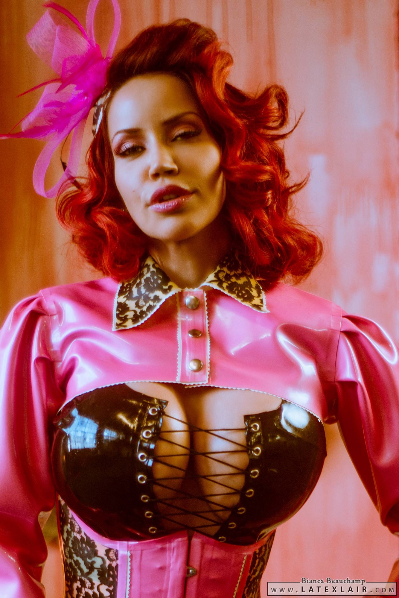 bianca_beauchamp breasts cleavage corset female gloves high_heels large_breasts latex long_hair red_hair shoes skirt solo watermark